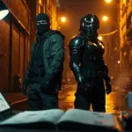 Vigilante peacemaker character design study with two costumed figures
