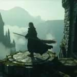 A player character landing a broom on a stone platform in Hogwarts Legacy