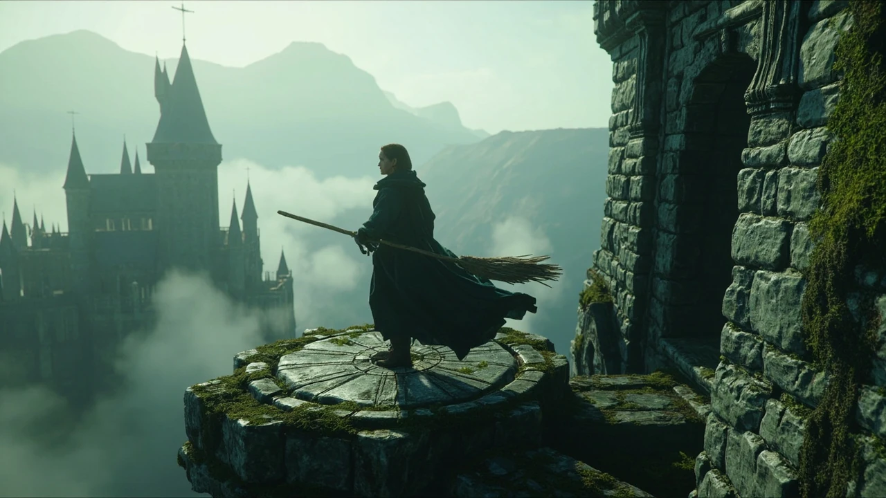 A player character landing a broom on a stone platform in Hogwarts Legacy